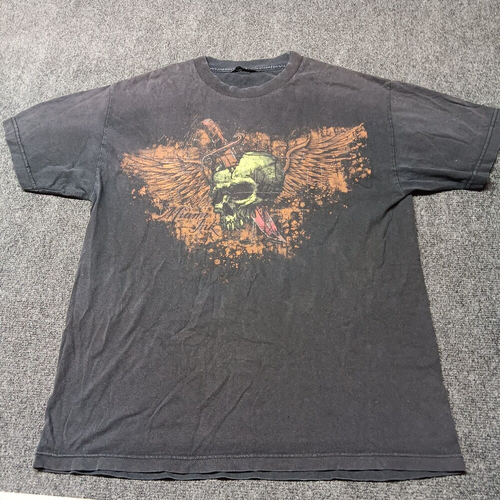 Miami Ink Shirt Men Large‎ Black Skull With Knife Wings Tattoo Y2K Fashion